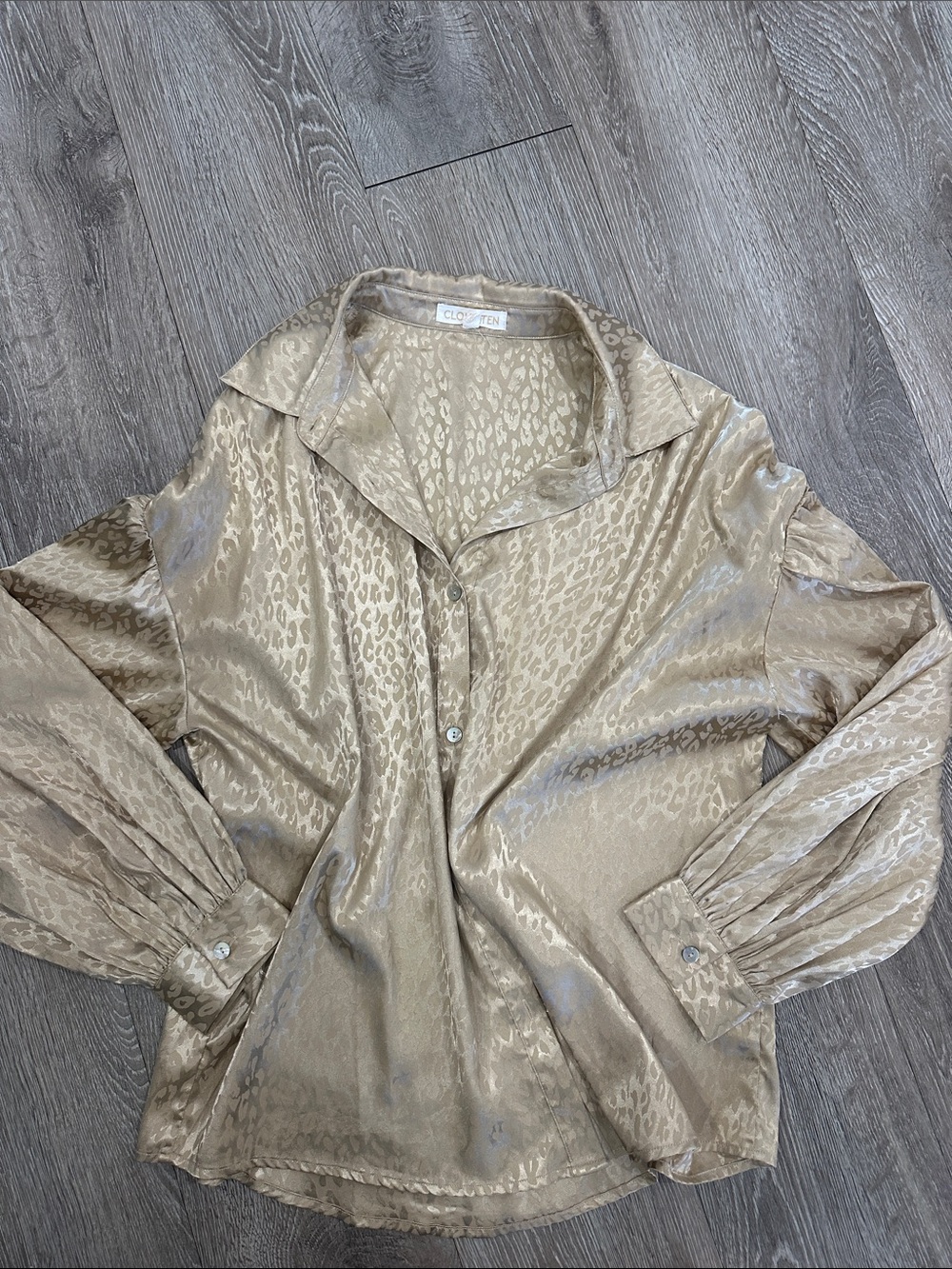 Closet En Taupe Satin Leopard-Texture Button Down Shirt
